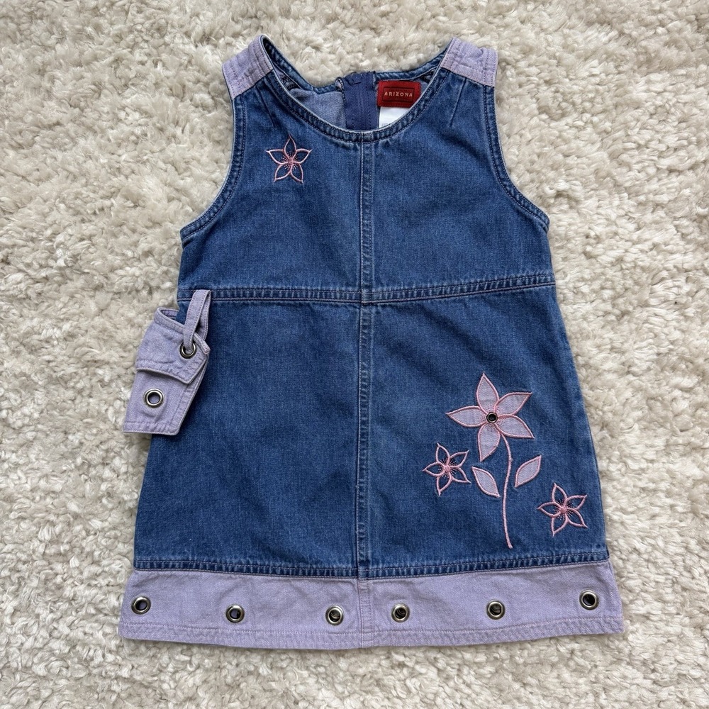 Vtg Toddler Girl 3T Denim Purple Floral Embroidered Dress Pocket Purse Cotton